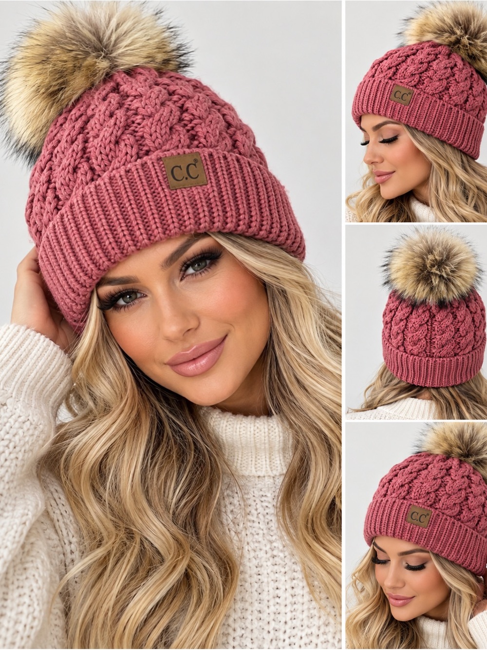 C.C Exclusives Cable Knit Beanie Dusty Rose Faux Fur Pom Pom Fleece Lined NWOT
